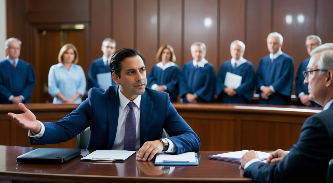 A courtroom with a confident lawyer presenting evidence and argument, while the judge and jury listen attentively