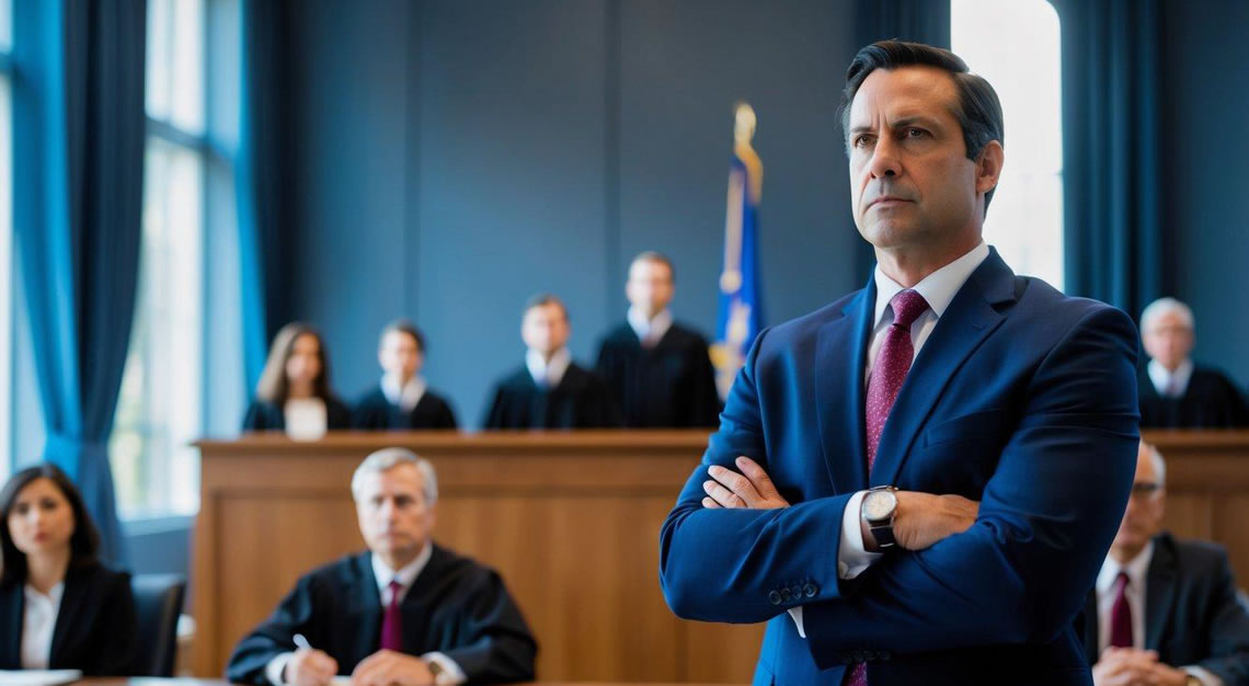 A confident criminal defense attorney standing in a courtroom, facing the judge and jury with a commanding presence