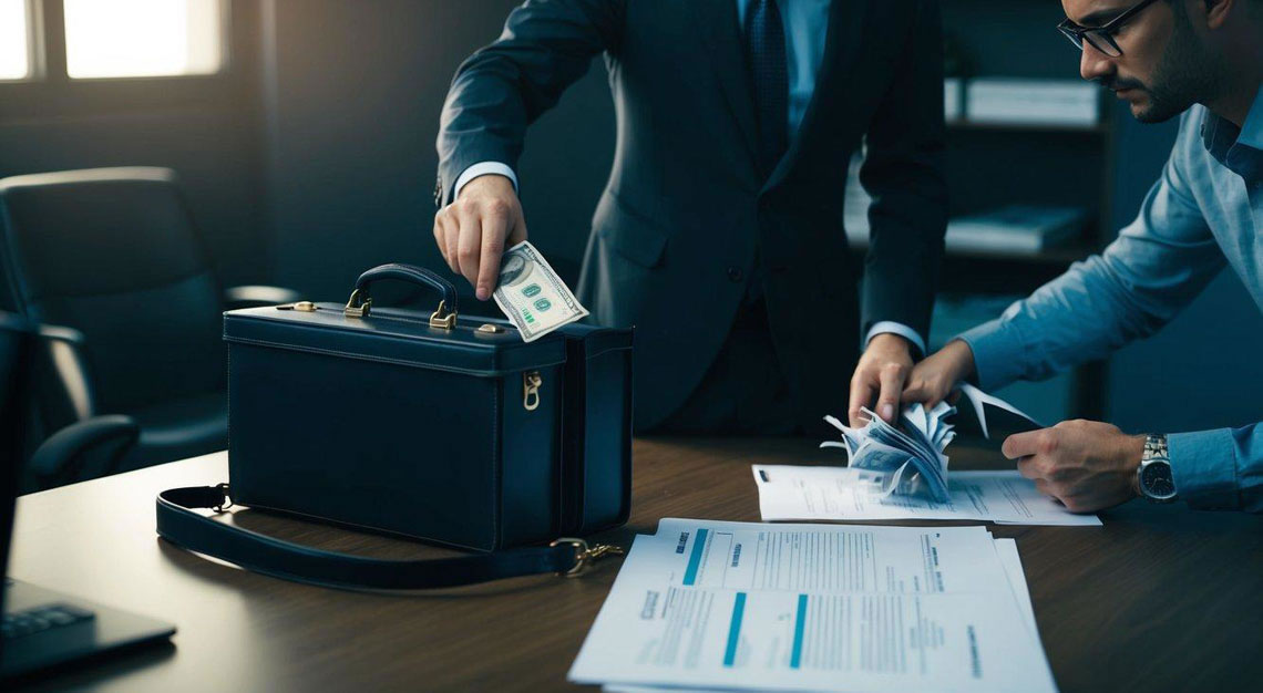 A figure slipping cash into a briefcase, while another person shreds documents in a dimly lit office